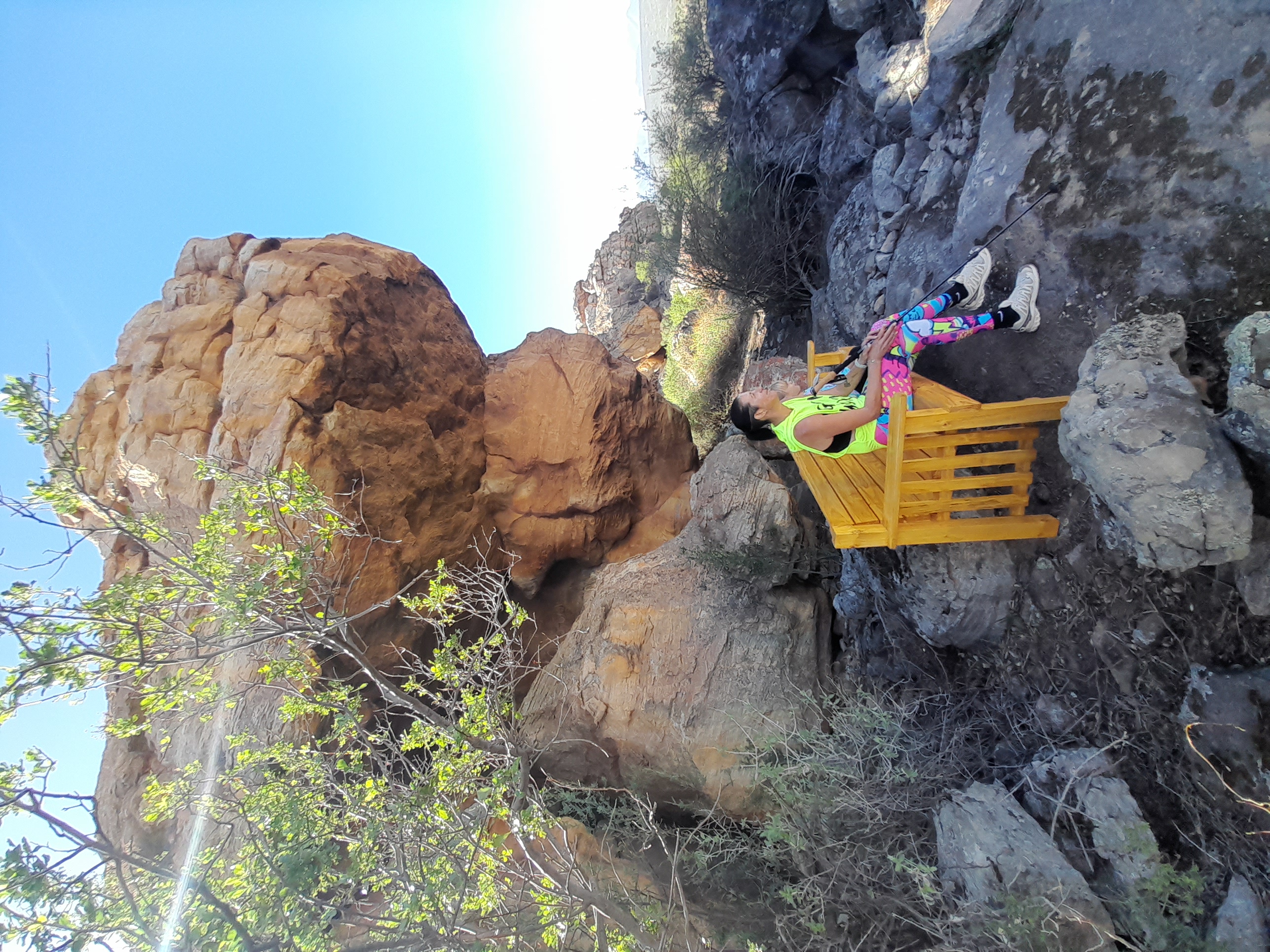 Overhang Observatory sandstone ledge and timber bench at the Crossroads